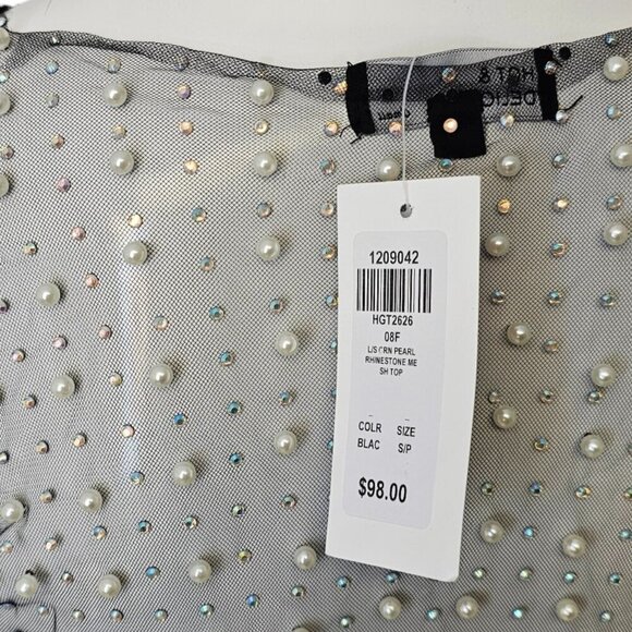 Honey Hot & Delicious Long Sleeve Pearl Rhinestone Sheer Crop Top, Black, Size S - Picture 4 of 8